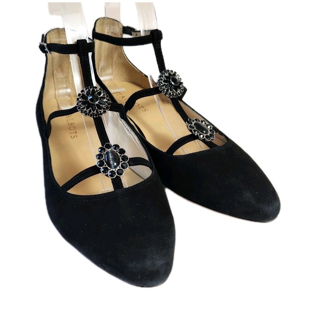 Talbots Womens Black Suede Edison Shoes Size 6.5 M Strappy Jewel Mary Jane Flats - Picture 3 of 16